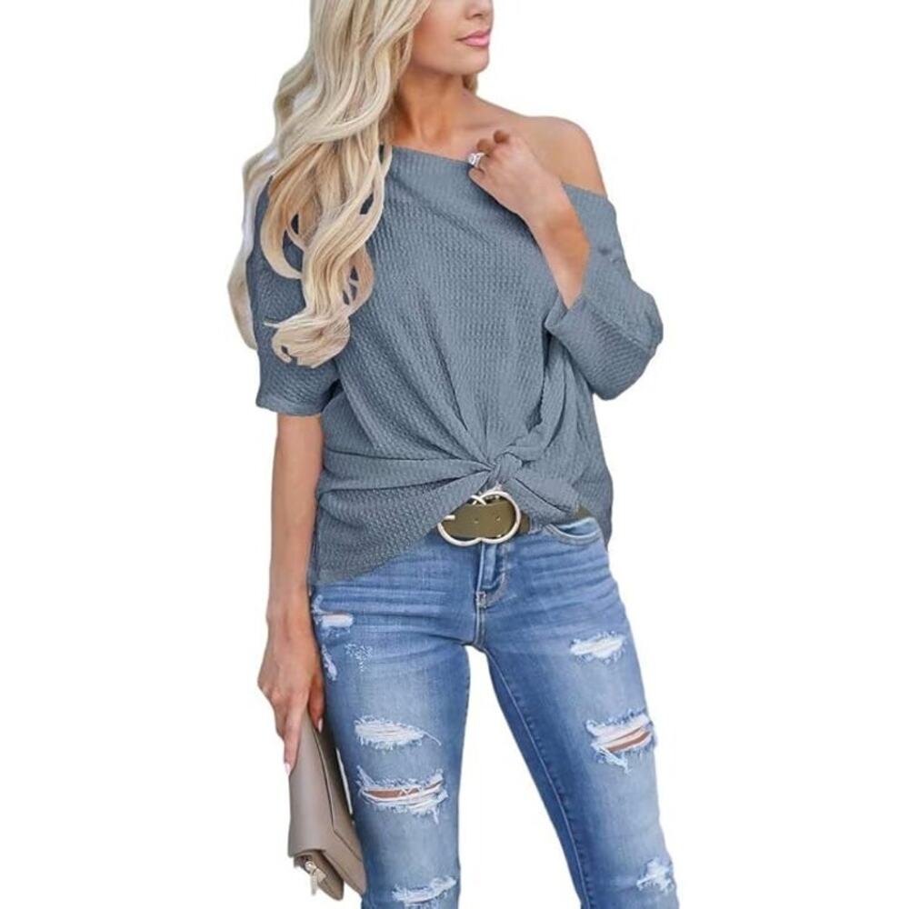 Waffle Knit Off The Shoulder Knot Batwing Shirt Blue XL